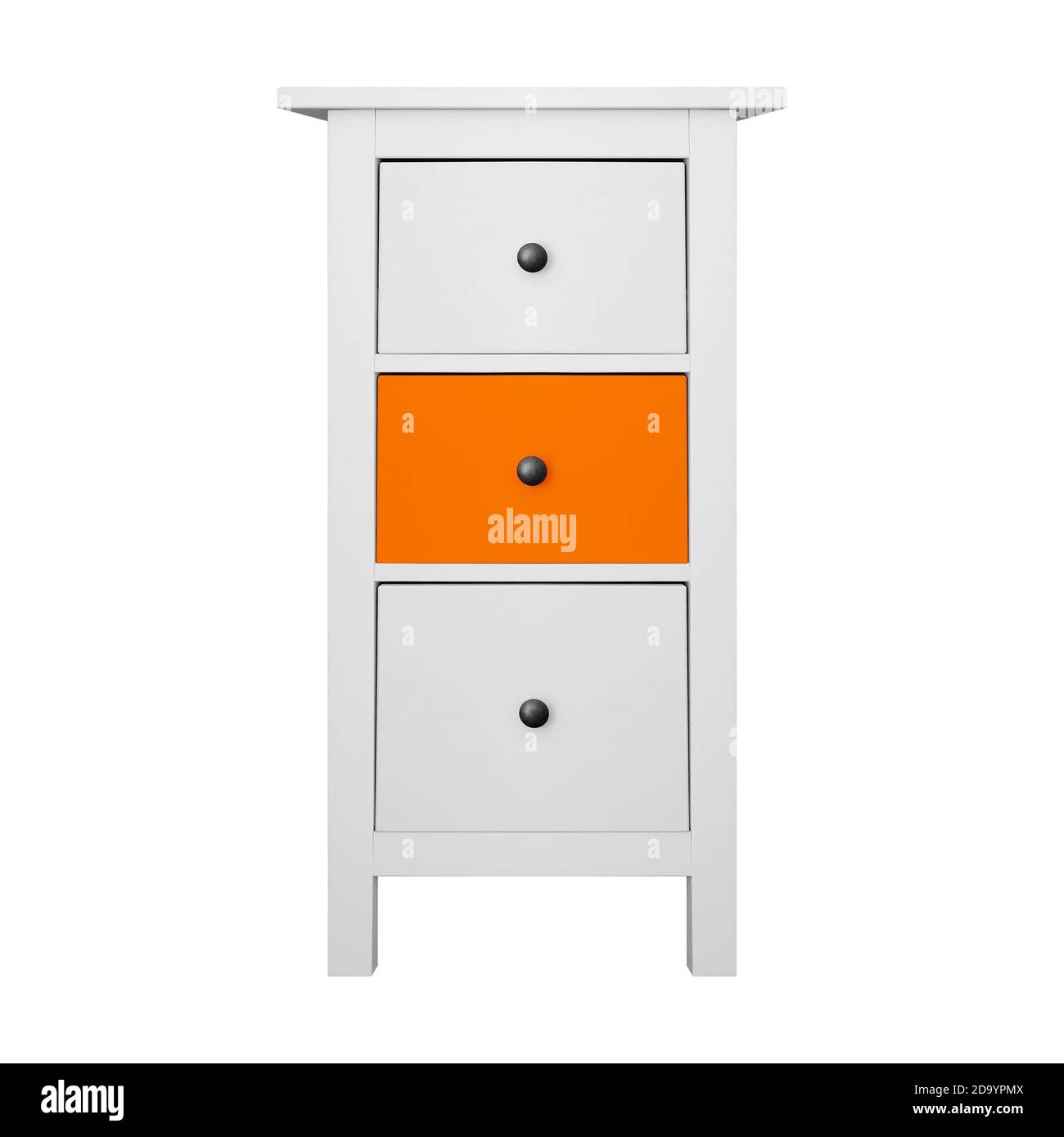Meubles de maison - moderne blanc et orange étroit commode isolé fond blanc. Banque D'Images