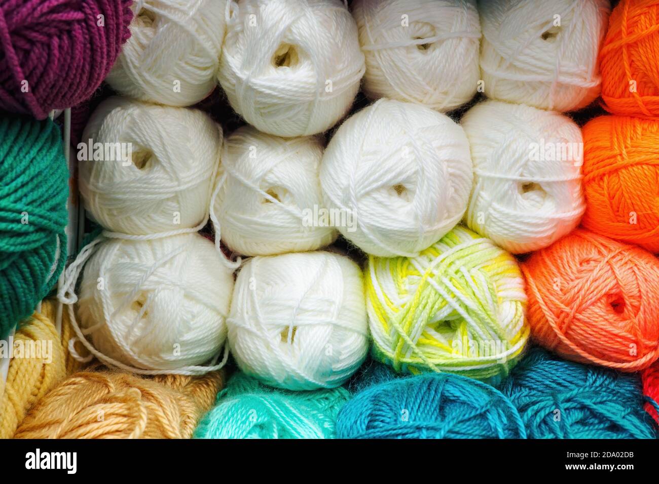 gros plan de couleurs variées de fils de laine, nœuds pour le tricot, mise au point sélective. Banque D'Images