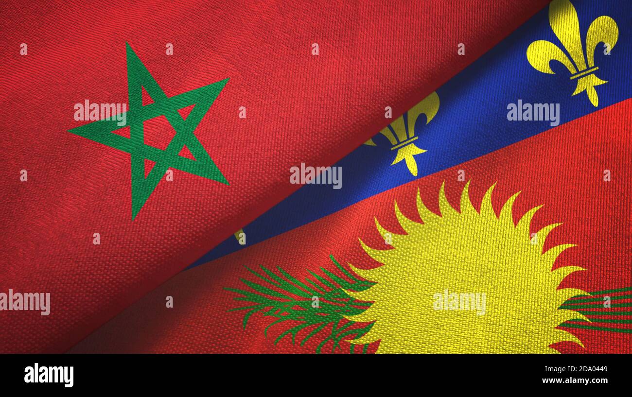 Maroc et Guadeloupe deux drapeaux tissu textile, texture textile Banque D'Images