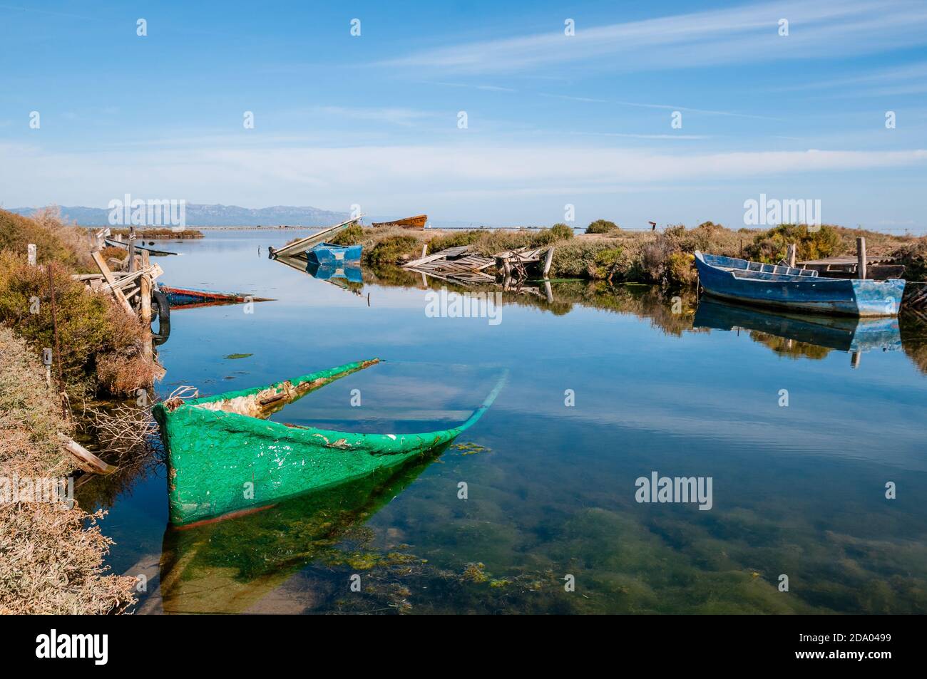 Jetée de rivière abandonnée, Delta de l'Ebro, Catalogne, Espagne Banque D'Images