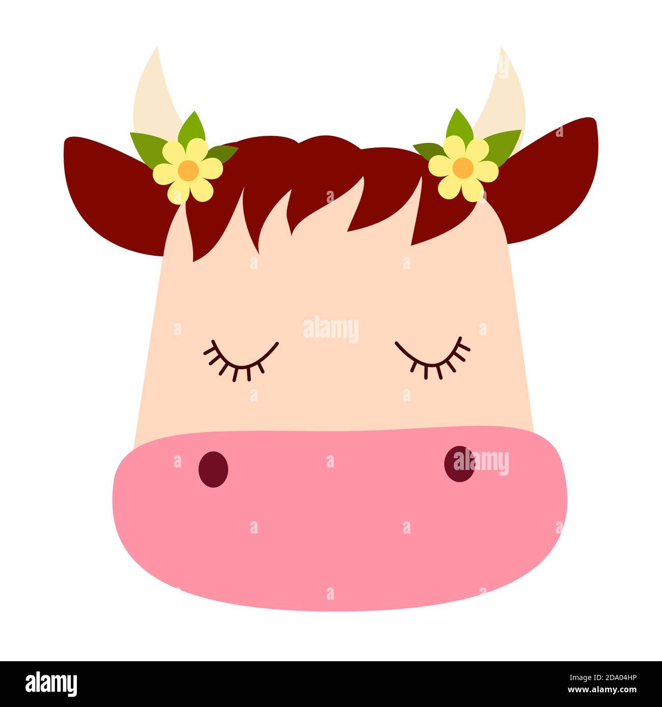 Joli visage de vache avec expression rêveuse, yeux fermés et fleurs jaunes sur la tête, isolé sur fond blanc. Illustration de Vecteur