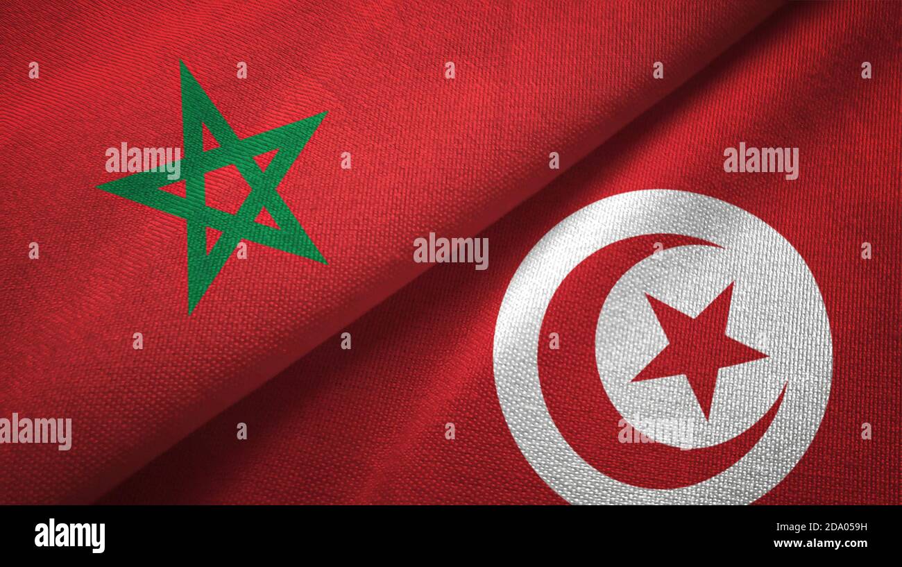 Maroc et Tunisie deux drapeaux tissu textile, texture textile Banque D'Images