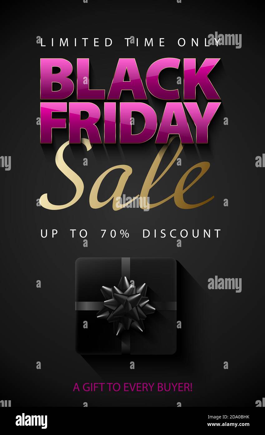 Bannière verticale vectorielle Black Friday sale. Texte rose brillant avec cadre doré fin sur fond gris foncé. Boîte cadeau noire. Durée limitée jusqu'à 75 Illustration de Vecteur