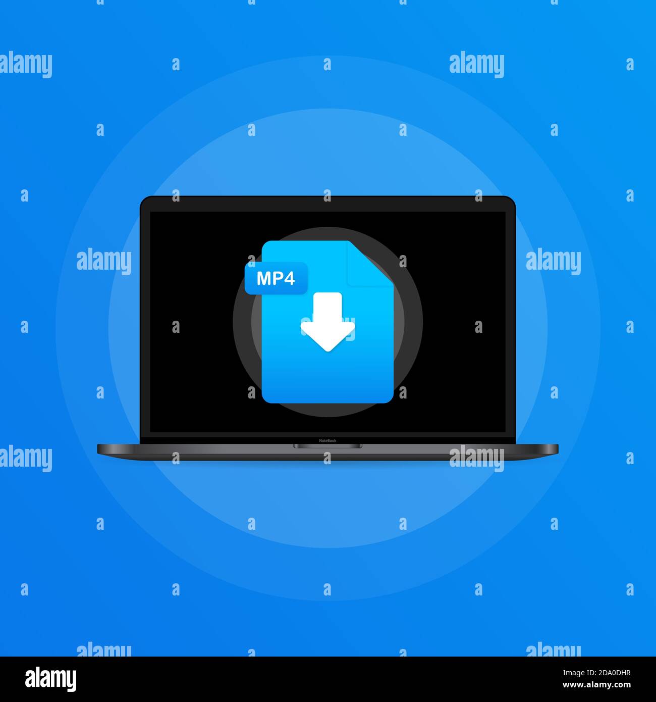 Ordinateur portable et télécharger l'icône de fichier MP4. Concept de téléchargement de documents. Étiquette MP4 et flèche vers le bas. Vecteur sur arrière-plan isolé. SPE 10 Illustration de Vecteur