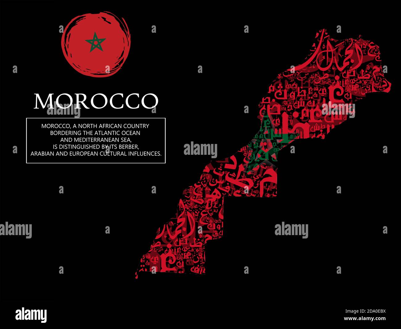 Carte du maroc avec le drapeau de la typographie arabe Banque D'Images