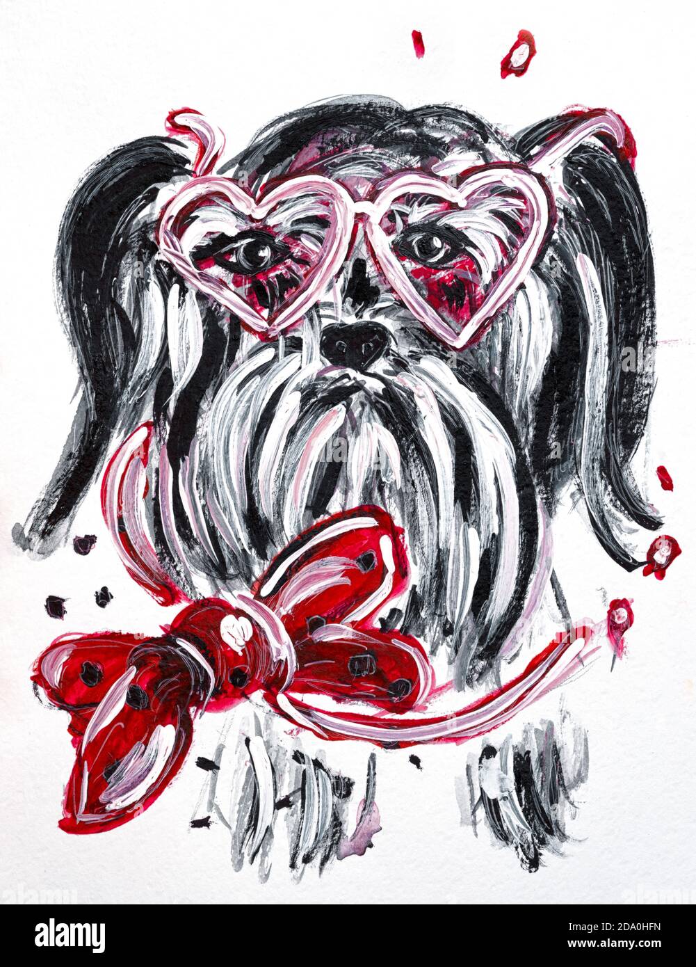 Portrait du mini schnauzer en aquarelle. Chien dessiné à la main avec des verres en forme de coeur rose et un noeud sur le col Banque D'Images