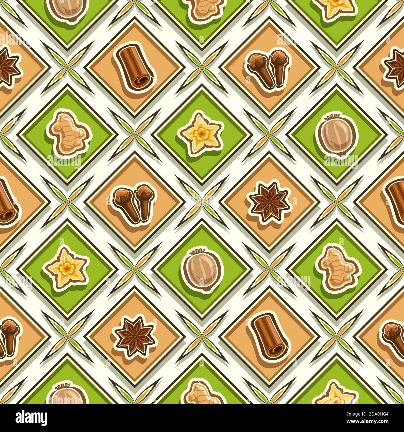 Vector Spice Seamless Pattern, fond carré à épices répétées, illustrations isolées d'épices exotiques sur fond blanc, patter sans diamant Illustration de Vecteur