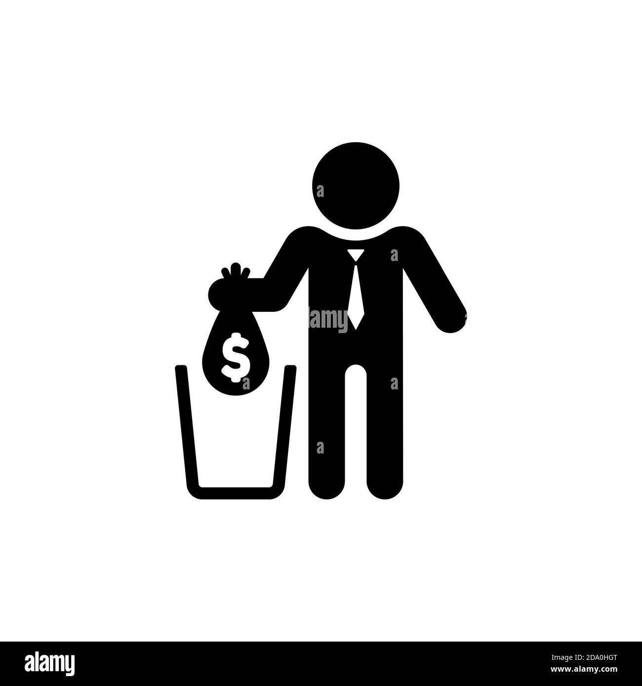 Ne gaspillez pas votre argent. L'homme d'affaires jette de l'argent dans la poubelle. Vecteur sur fond blanc isolé. SPE 10 Illustration de Vecteur