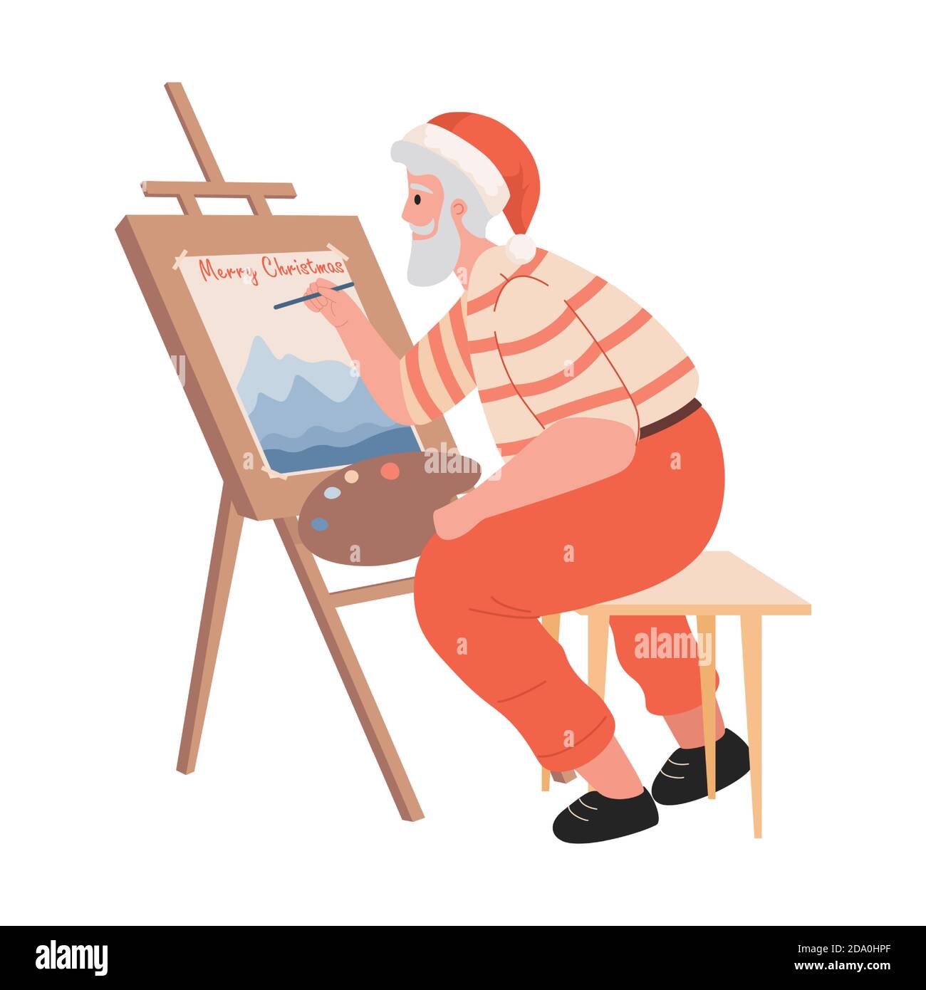 Santa Claus dessin bonne année et Joyeux Noël carte de voeux sur chevalet.  Le Père Noël peint une image vectorielle plate illustration isolée sur fond  blanc. Concept des fêtes de Noël Image