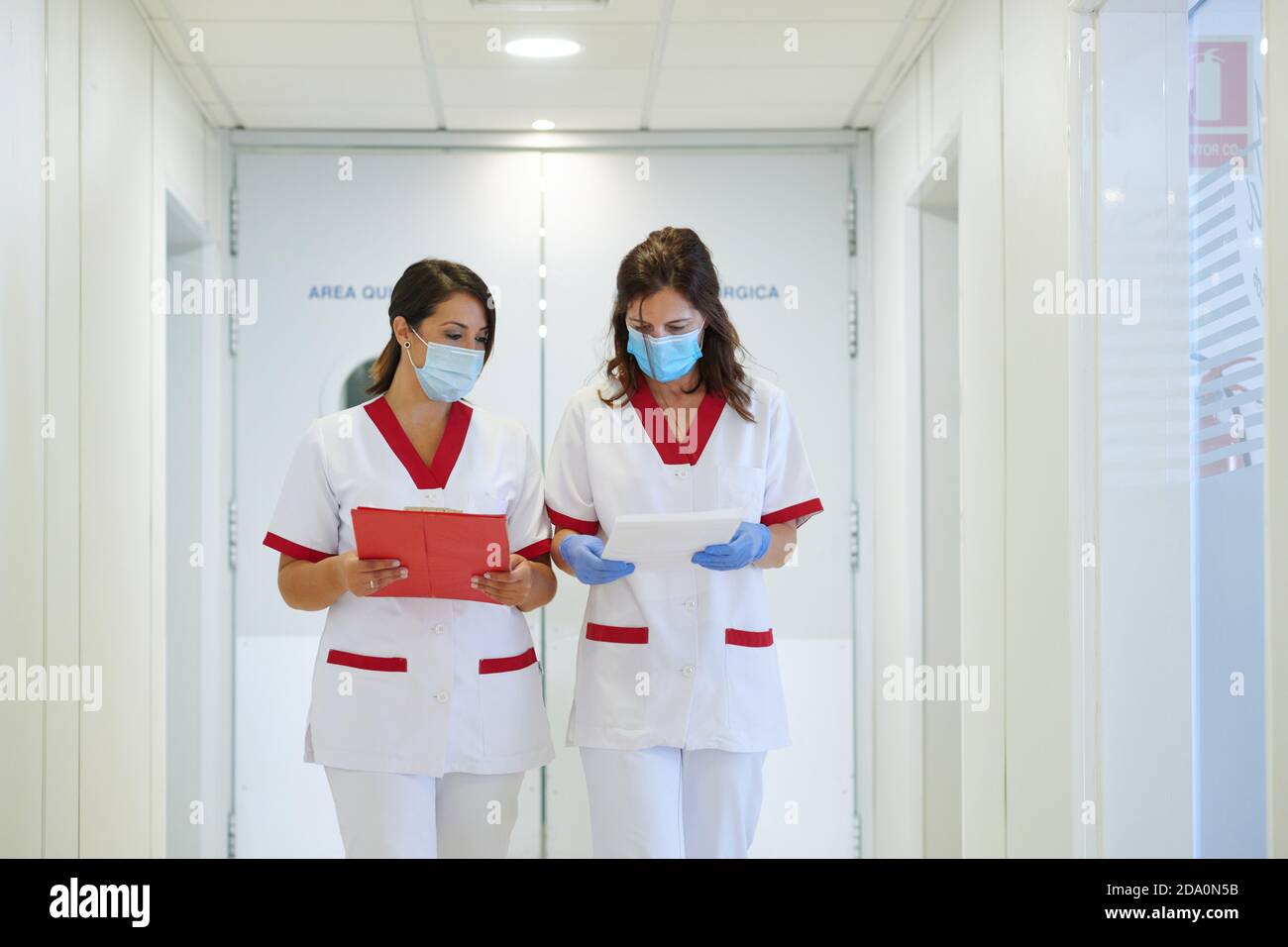 Personnel médical féminin méconnaissable en uniformes et masques parlant tout en marchant dans le couloir avec des journaux dans la clinique Banque D'Images