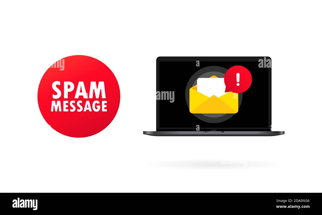 Fenêtre d'avertissement de courrier indésirable sur l'écran de l'ordinateur portable. Concept de virus, de piratage, de piratage et de sécurité. Enveloppe avec spam. Bannière du site Web de protection des e-mails Illustration de Vecteur