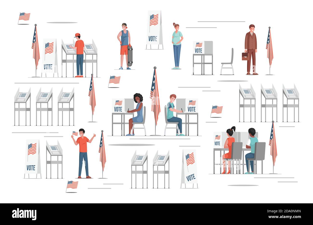 Des gens souriants et heureux votant pour les élections dans l'illustration vectorielle plate des États-Unis. Bureaux de vote, drapeaux des États-Unis d'Amérique. Personnes qui choisissent des candidats sur des bulletins de vote papier. Concept d'élections démocratiques. Illustration de Vecteur