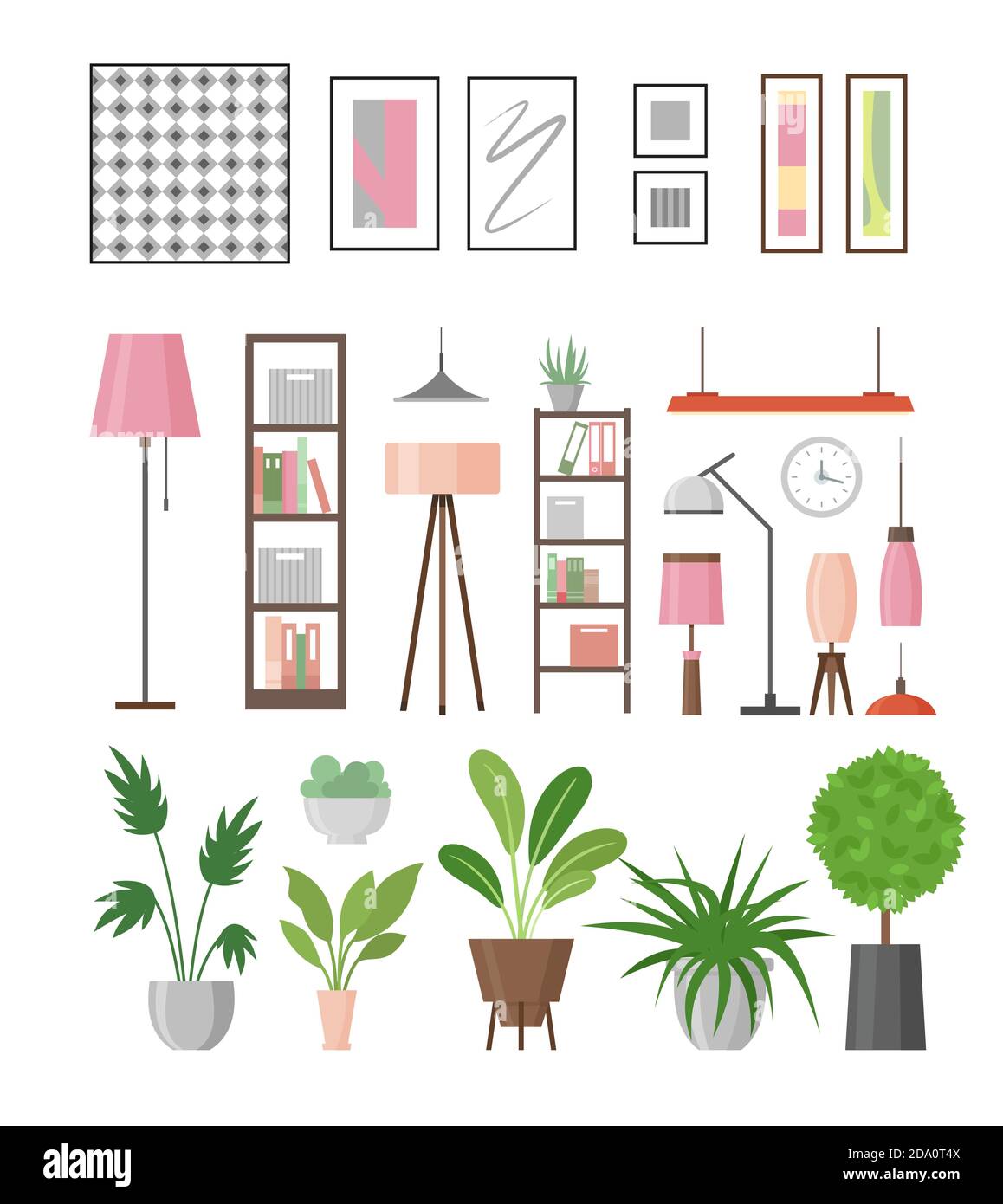 Ensemble d'illustrations vectorielles d'éléments de décoration intérieure. Plantes de maison dans des pots, des lampes, des étagères et des images dans des cadres pour la décoration de votre salon ou bureau Illustration de Vecteur