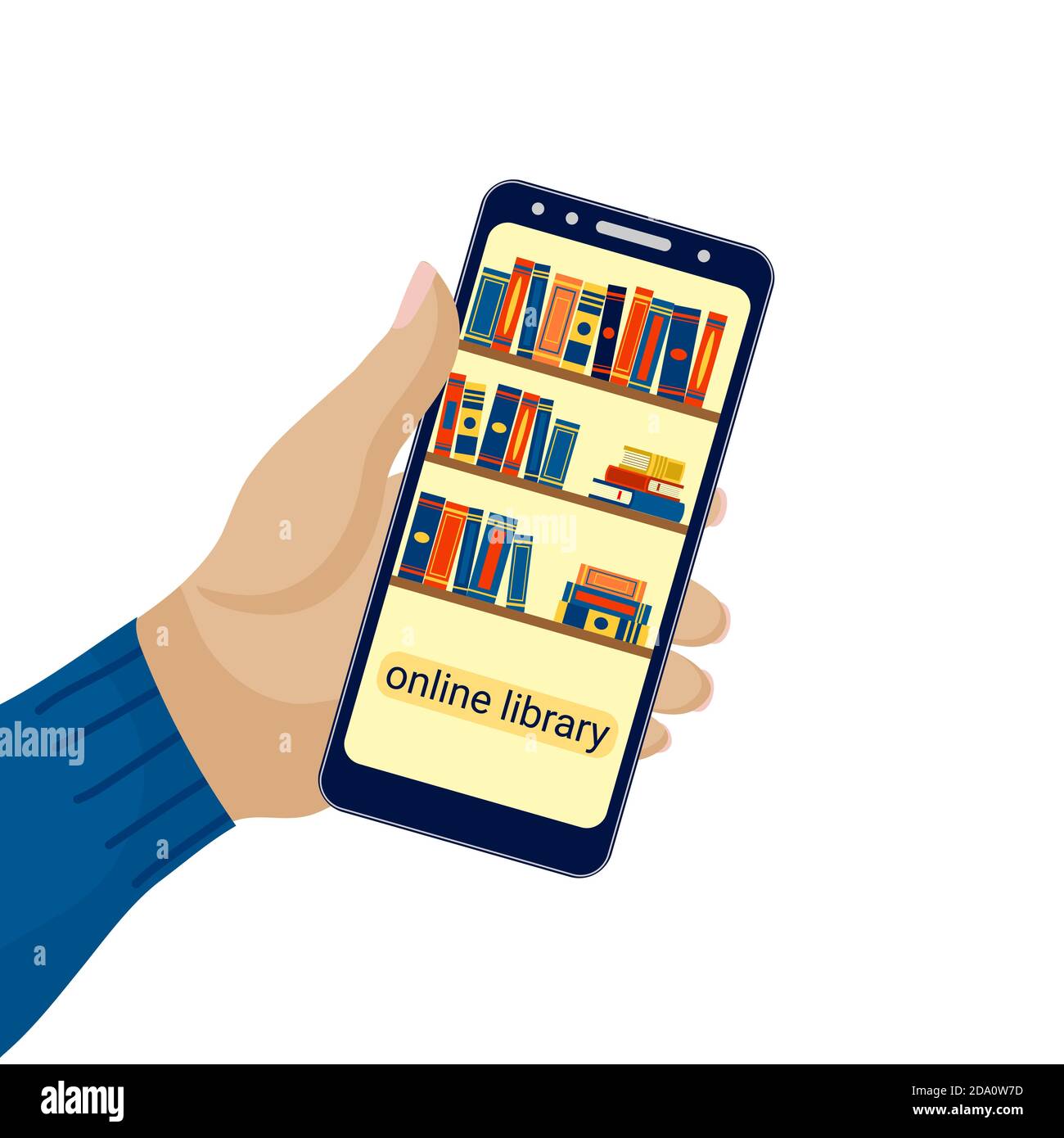 Téléphone à portée de main avec bibliothèque électronique en ligne. Librairies avec livres sur smartphone. Concept d'éducation. Illustration vectorielle plate. Illustration de Vecteur