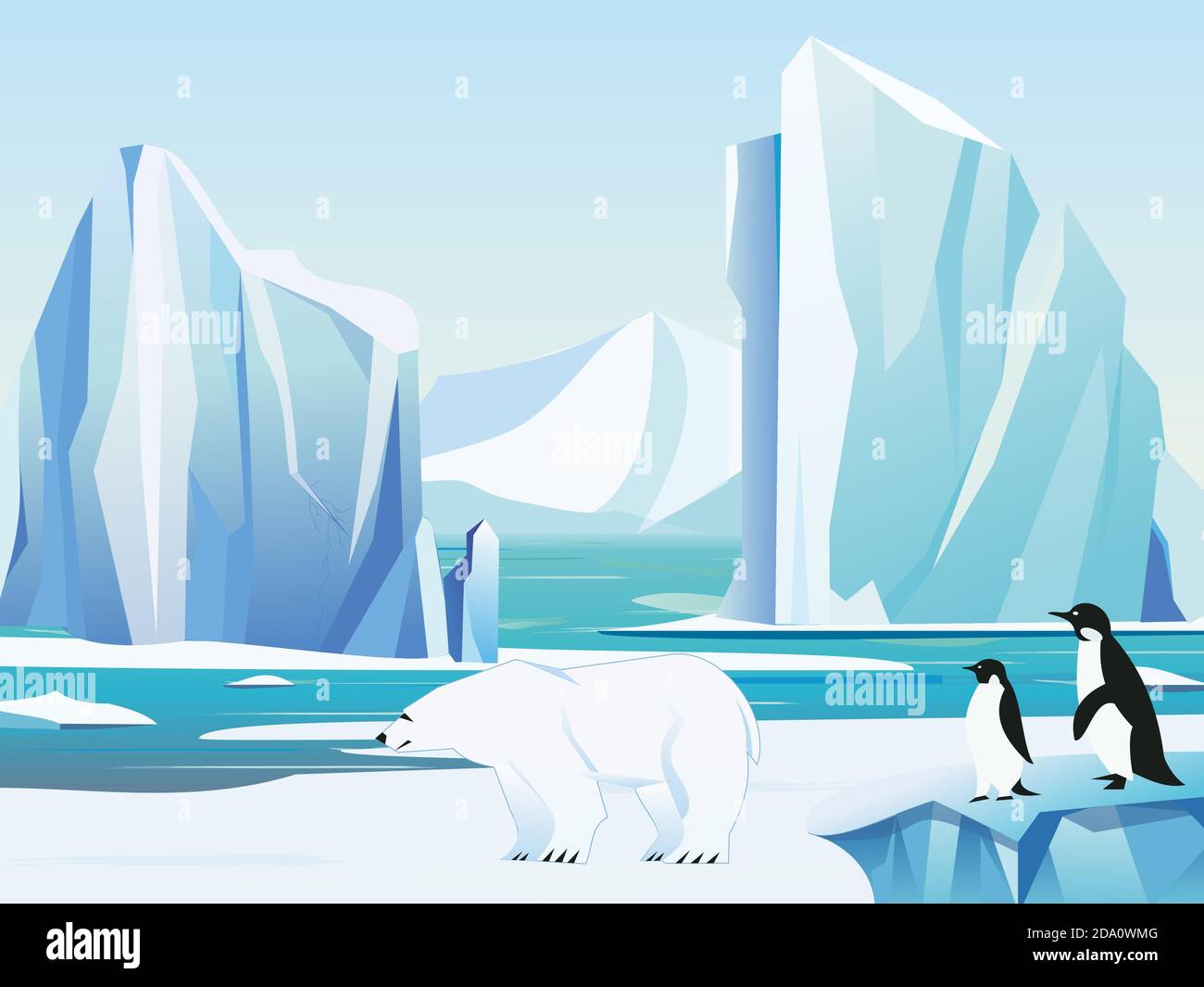 Illustration vectorielle paysage arctique avec ours polaire et pingouins, iceberg et montagnes. Climat froid hiver arrière-plan. Illustration de Vecteur
