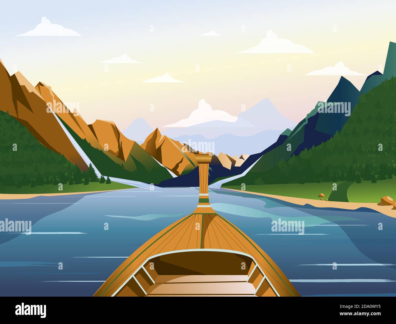 Bateau sur le lac dans une région montagneuse avec illustration vectorielle de forêts. Illustration de Vecteur
