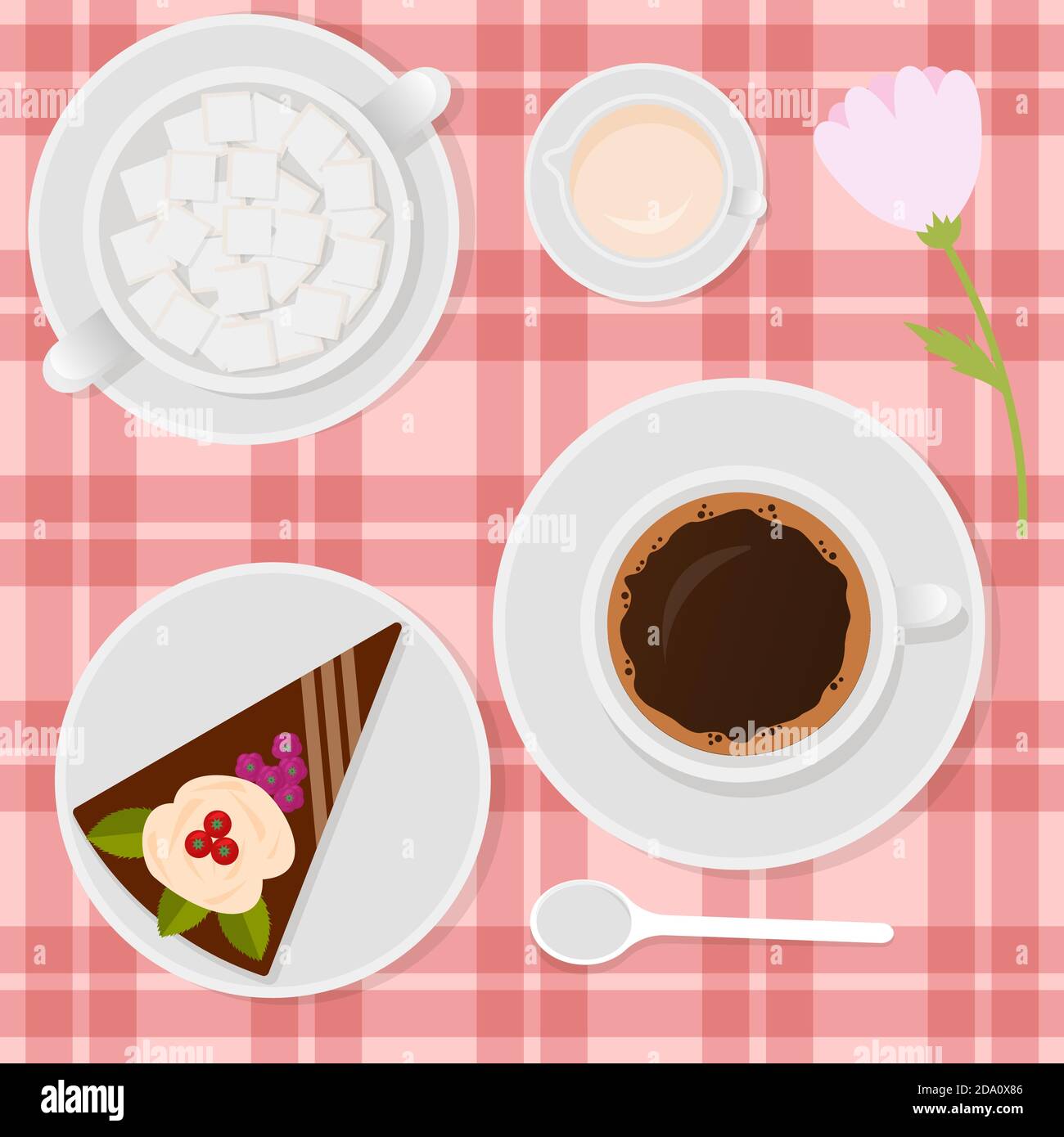Illustration du café avec du lait et du gâteau sur la table. Illustration de Vecteur