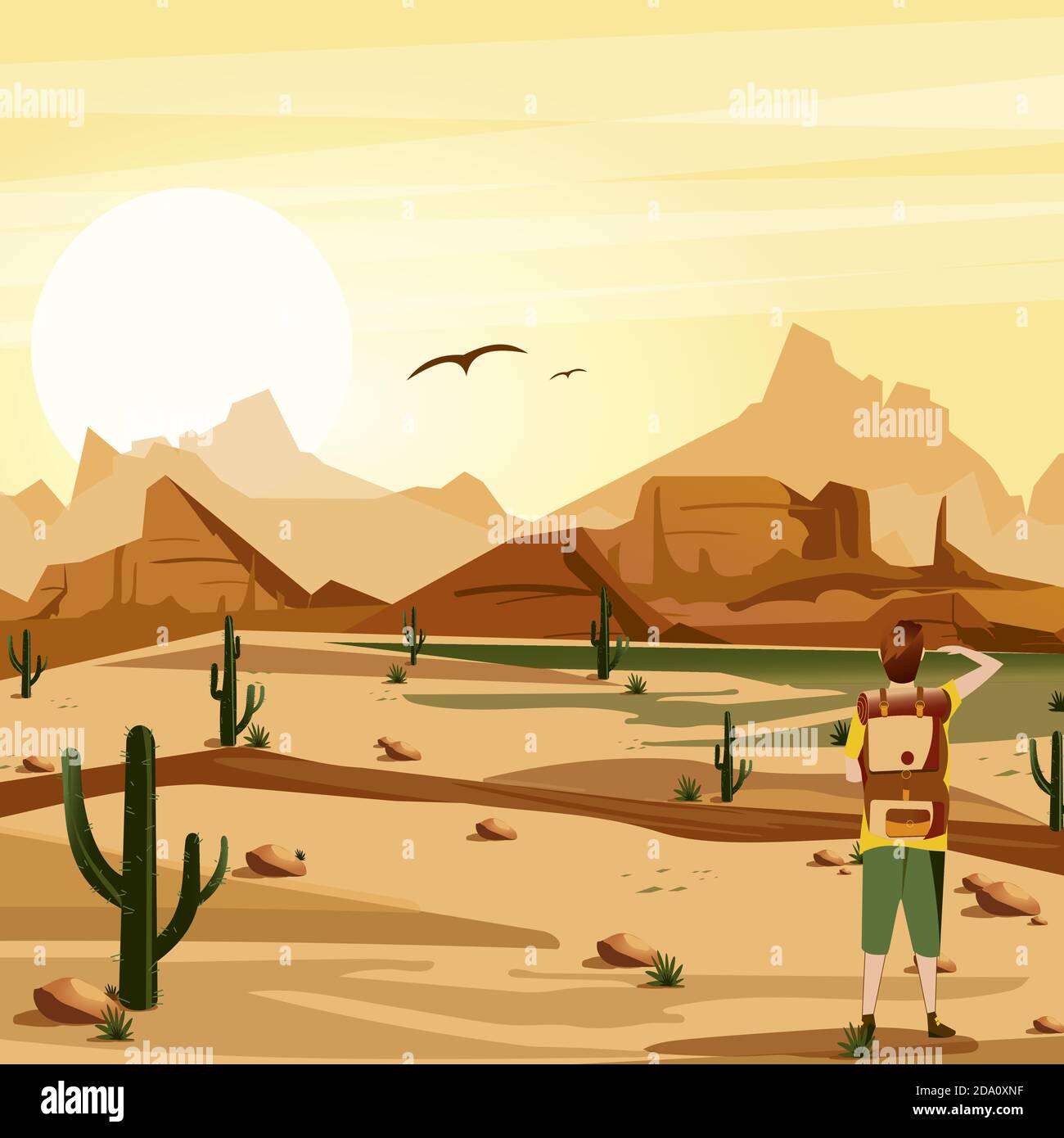 Paysage arrière-plan désert avec voyageur, cactus, montagnes et oiseaux illustration de vecteur. Illustration de Vecteur