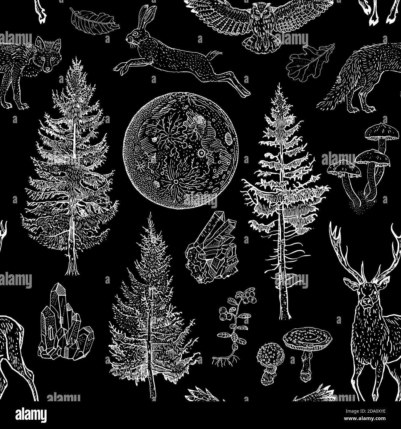 Motif de magie pleine lune sans coutures. Épinette, sapin, champignon, renard, lièvre, cerf, feuilles, cristaux. Style de gravure de tatouage vintage dessiné à la main Illustration de Vecteur Motif de magie pleine lune sans coutures. Épinette, sapin, champignon, renard, lièvre, cerf, feuilles, cristaux. Style de gravure de tatouage vintage dessiné à la main Illustration de Vecteur