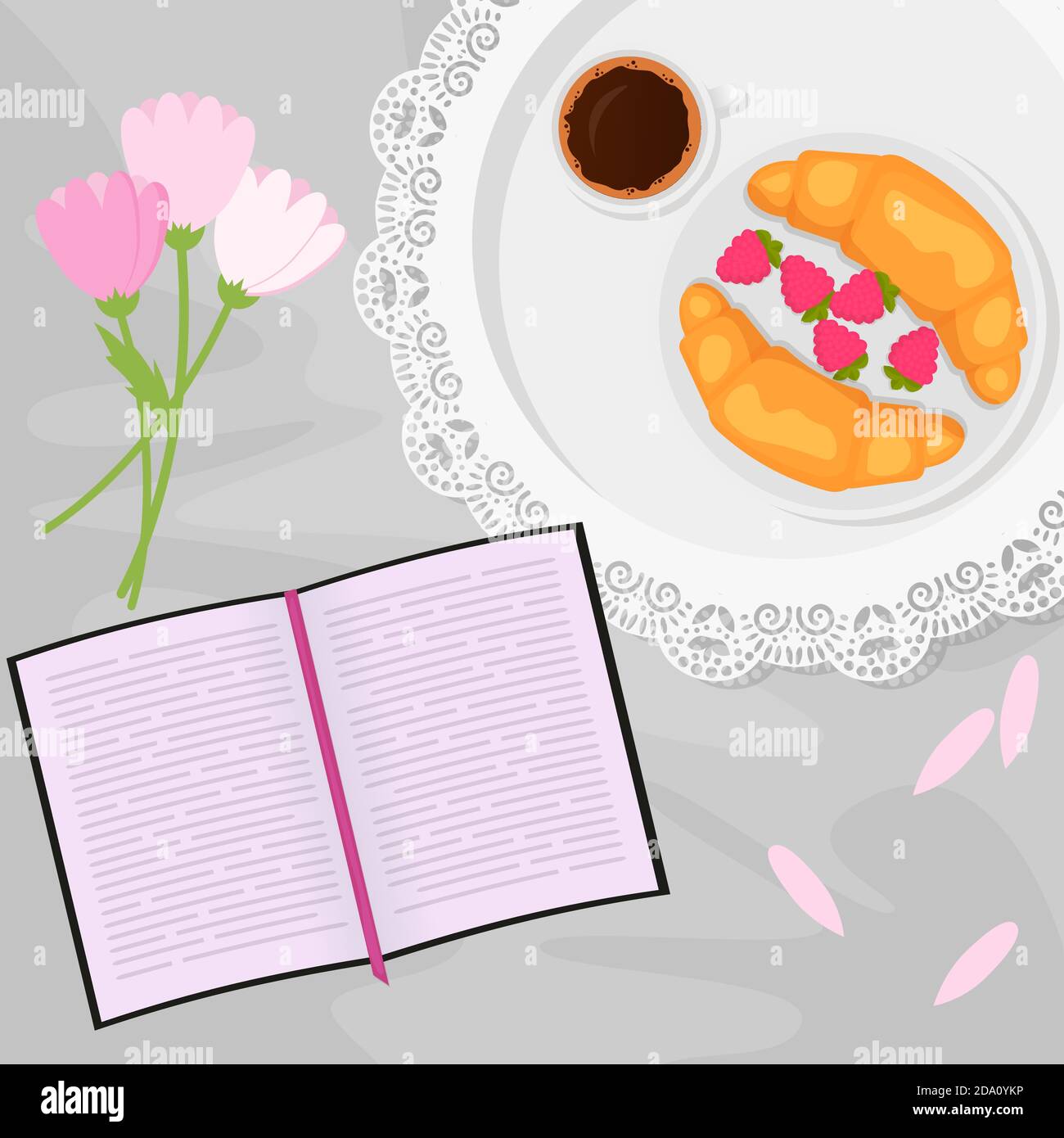 Illustration vectorielle du café du matin et des bonbons au lit avec livre, fleurs et framboise, croissant dans un style de dessin animé plat. Illustration de Vecteur