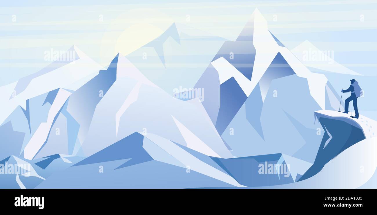 Illustration vectorielle de montagnes de glace avec voyageur sur le sommet de la montagne. Illustration de style plat sur fond d'hiver. Illustration de Vecteur