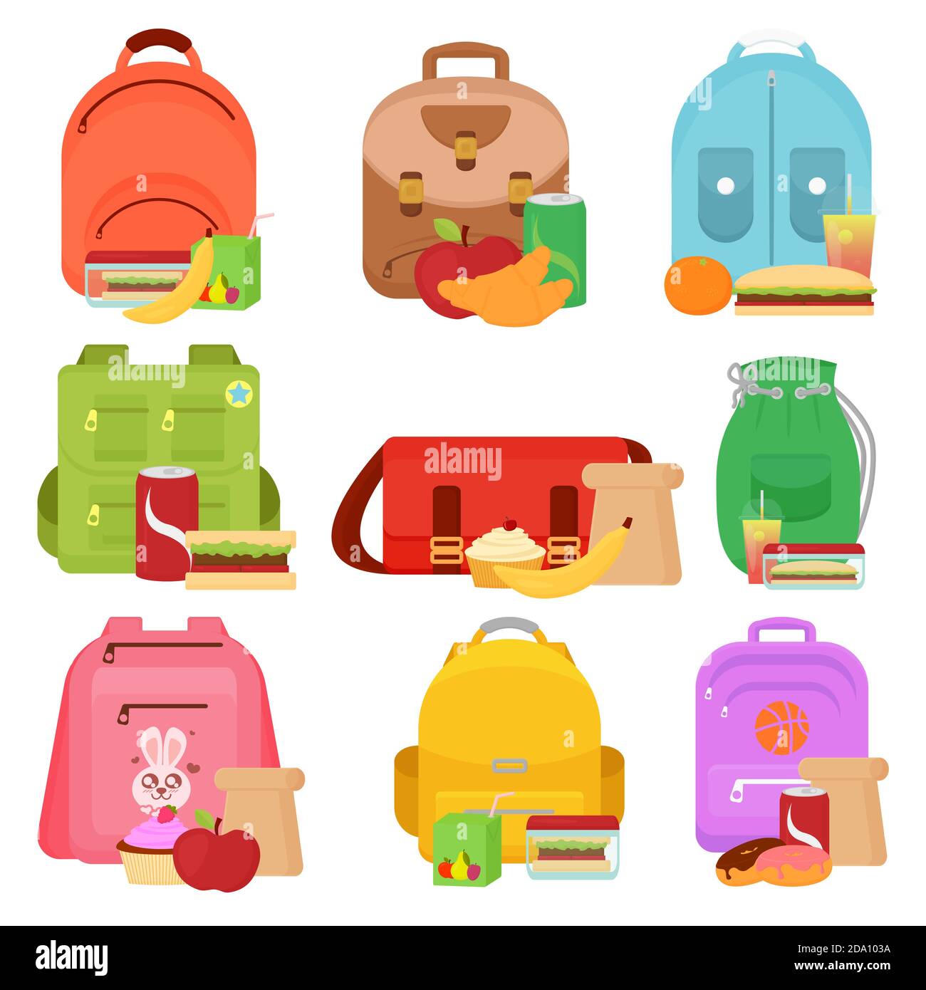 Illustration vectorielle colorée des sacs pour enfants et des boîtes à lunch dans un style de dessin animé plat. Illustration de Vecteur