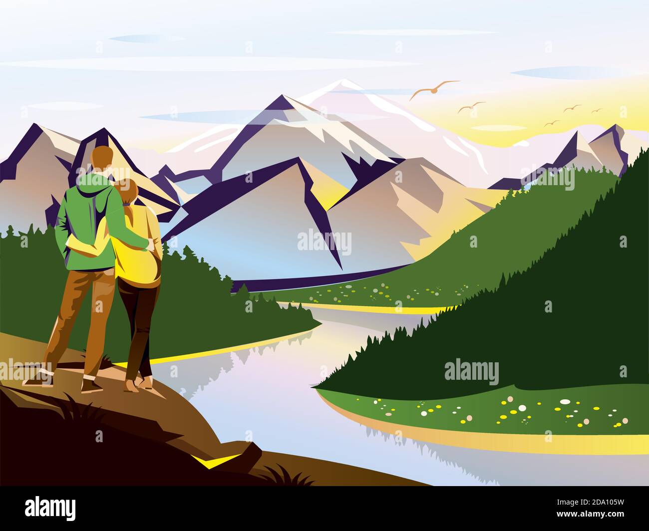 Illustration vectorielle de paysage avec montagnes. Voyageurs homme et femme regardant la vue sur la rivière. Illustration de Vecteur