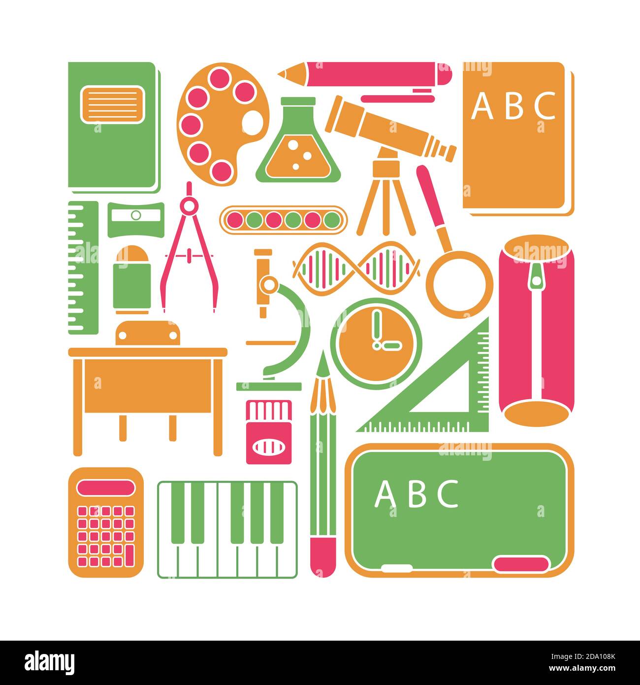 Illustration vectorielle des icônes et des éléments de l'école dans un style de dessin animé plat. Illustration de Vecteur