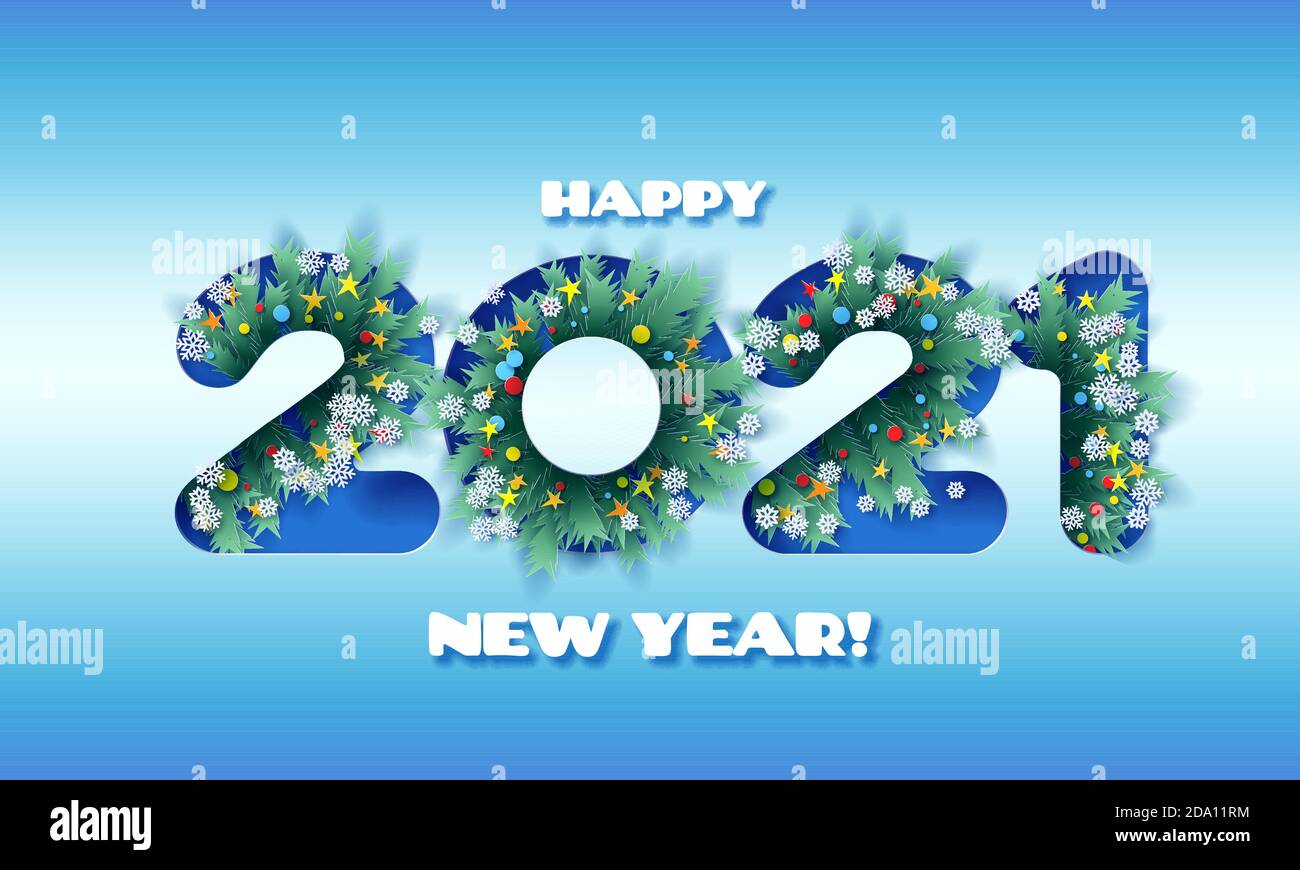 Branches de pin d'arbre de Noël à l'intérieur des numéros 2021. Contexte de la nouvelle année. Illustration vectorielle de style art de Noël en papier découpé Illustration de Vecteur