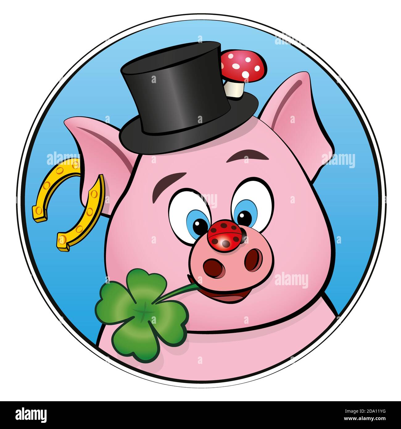 Symboles de la Saint-Sylvestre. Cochon chanceux avec trèfle, coccinelle, fer à cheval, tabouret et cylindre dans un cadre rond - illustration sur fond blanc Banque D'Images