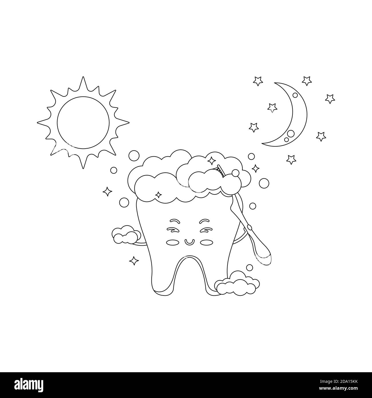 Un brossage mignon de dents avec une brosse à dents deux fois par jour une page de coloriage de dentiste. Illustration de Vecteur