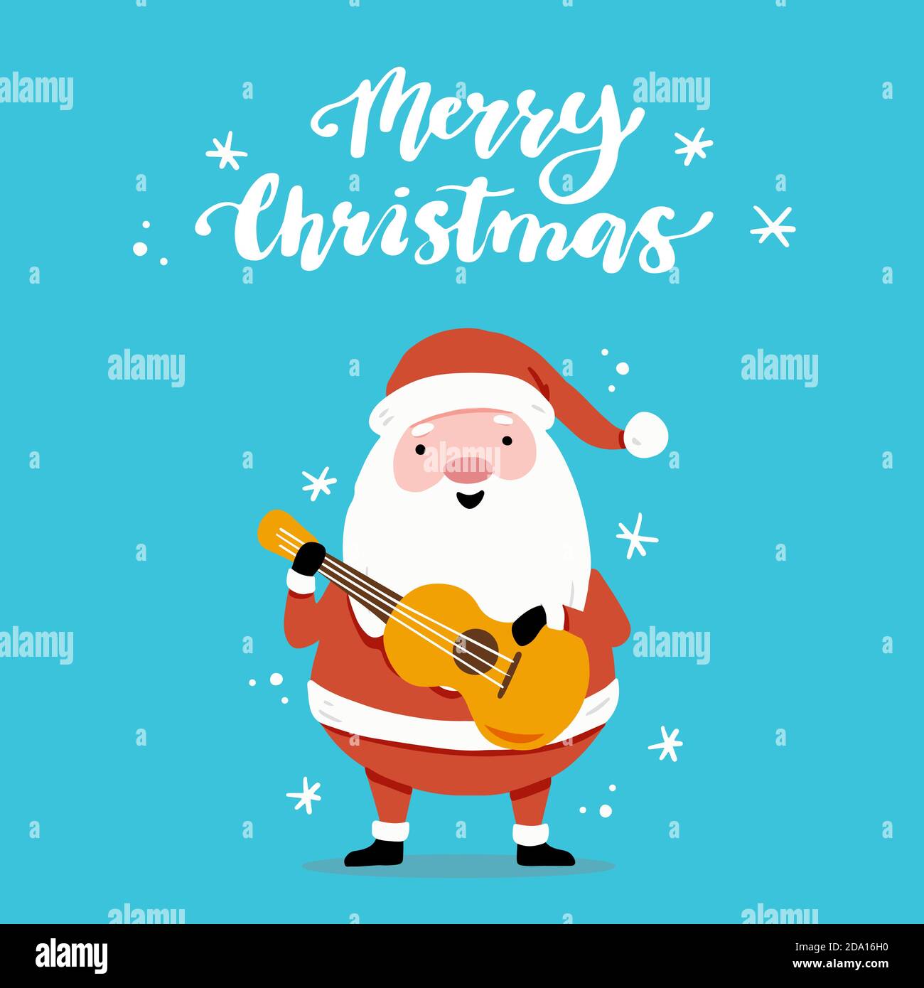 Carte de vœux de Noël avec personnage de dessin animé du Père Noël, éléments dessinés à la main, lettres qoute Joyeux Noël. Illustration de Vecteur