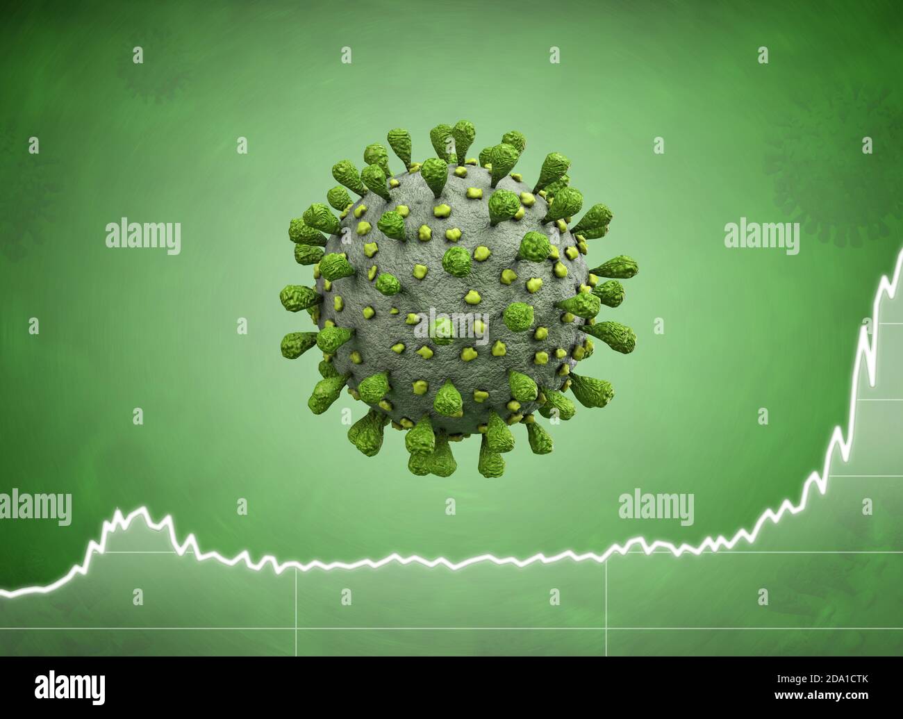 Rendu 3d du coronavirus vert ou du virus de la grippe avec données statistiques la deuxième vague monte Banque D'Images