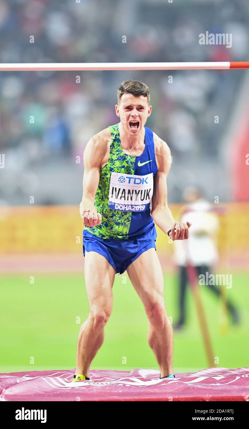 Ilya Ivanyuk (Russie). Médaille de bronze au saut en hauteur. Championnats du monde d'athlétisme de l'IAAF, Doha 2019 Banque D'Images
