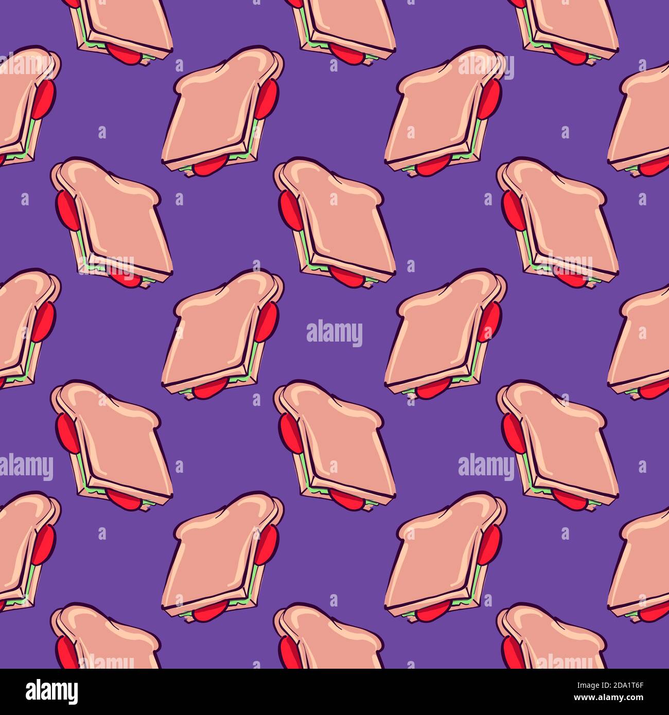 Sandwich vegan, motif sans couture sur fond violet. Illustration de Vecteur