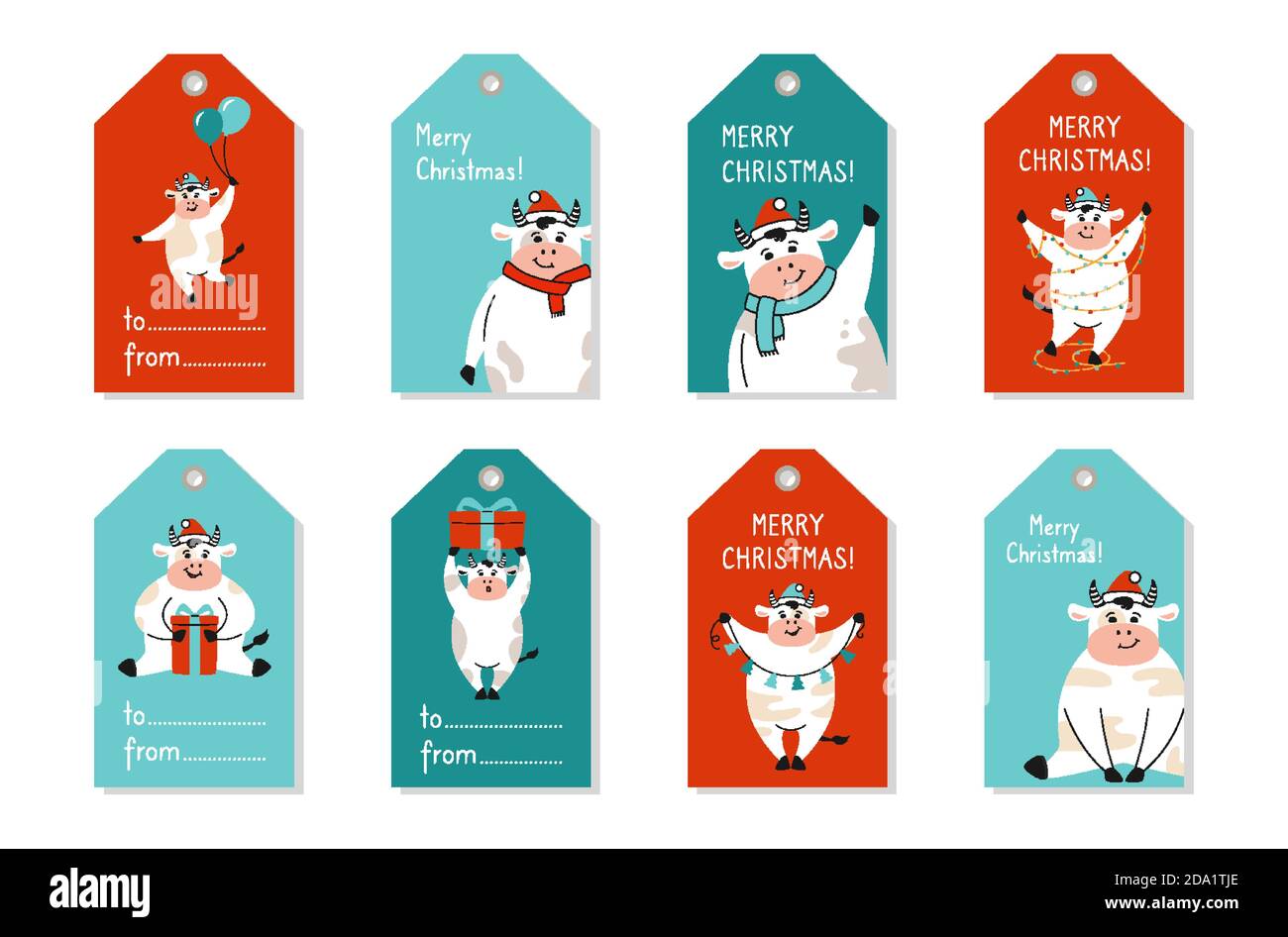 Ensemble d'étiquettes de Noël, taureau de dessin animé. Étiquette en papier dessinée à la main, jolie vache vectorielle, buffle ou veau avec chapeau rouge, cadeau. Cartes du nouvel an Noël, animaux amusants l'hiver fête Illustration de Vecteur
