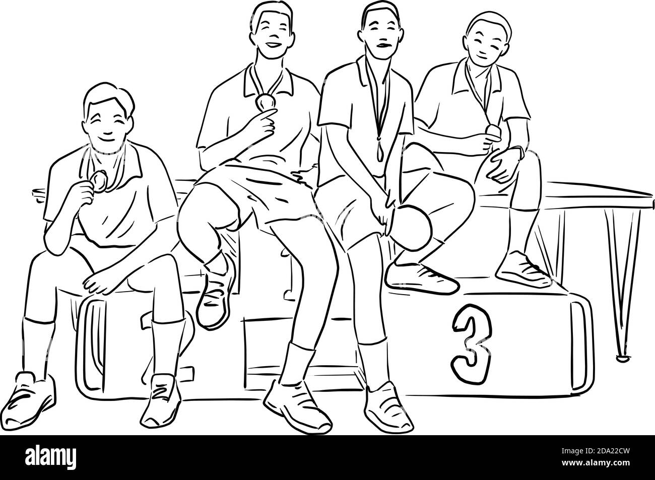 quatre joueurs de tennis de table masculins avec des médailles assises sur le gagnant podium vector illustration esquisse doodle main dessiné avec des lignes noires isolé sur ba blanc Illustration de Vecteur