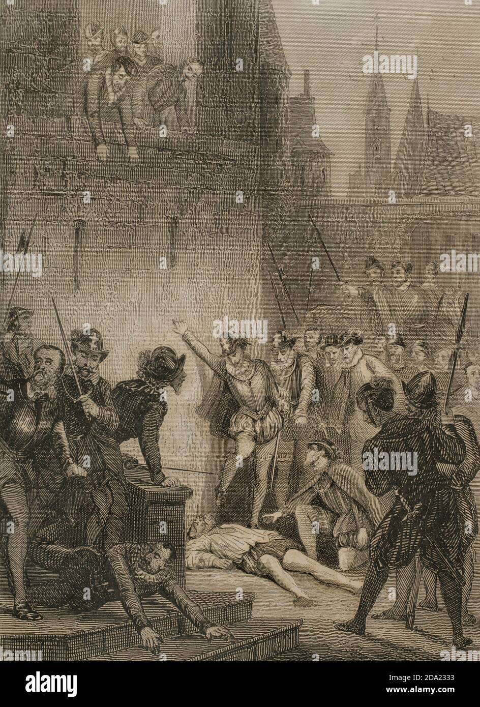 Gaspard de Coligny o Gaspard de Châtillon (1519-1572). Militar francés. Dideró el partido de los hugonotes proteststantes durante las gueras de Religión, combatiendo contra el partido católico. Durante la matanza de la Noche de San Bartolomé fué asesinado. Muerte de Coligny. Grabado. Historia de las persecuciones políticas y religiosas en Europa. Editada en Barcelona, 1864. Banque D'Images