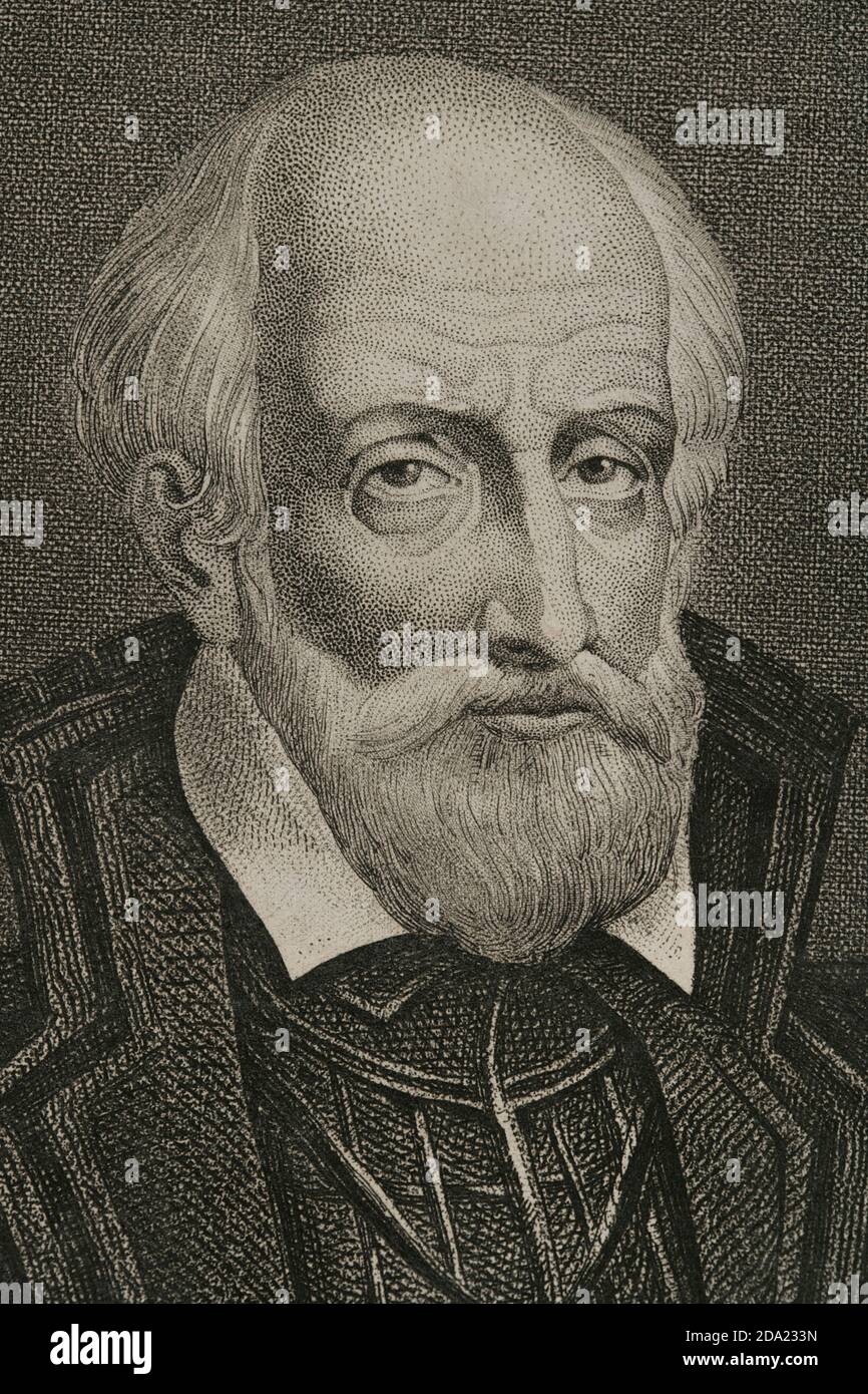 Gaspard de Coligny o Gaspard de Châtillon (1519-1572). Militar francés. Dideró el partido de los hugonotes proteststantes durante las gueras de Religión, combatiendo contra el partido católico. Durante la matanza de la Noche de San Bartolomé fué asesinado. Retrato. Grabado. Historia de las persecuciones políticas y religiosas en Europa. Editada en Barcelona, 1864. Banque D'Images
