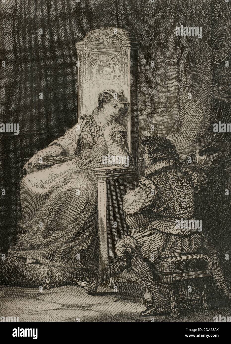 Maria Estuardo. Maria I de Escocia (1542-1587). Reina de Escocia (1542-1567). Hija de Jacobo V. Tras su matrimonio con Francisco II de Francia, ocupó a su lado el trono de Francia (1559). Estuvo dieciocho años prisionera y fué condenada a muerte por conspir contra la vida de la reina de Inglaterra. En febrero de 1587 la reina Isabel I de Inglaterra ordenó decapitar a María Estuardo, muriendo como una mártir católica. Grabado con una escena de David Rizzio (1533-1566), cortesano italiano secretario privado de María Estuardo, tocando la guitarra para la reina. Por J. Furtó. Historia de las per Banque D'Images