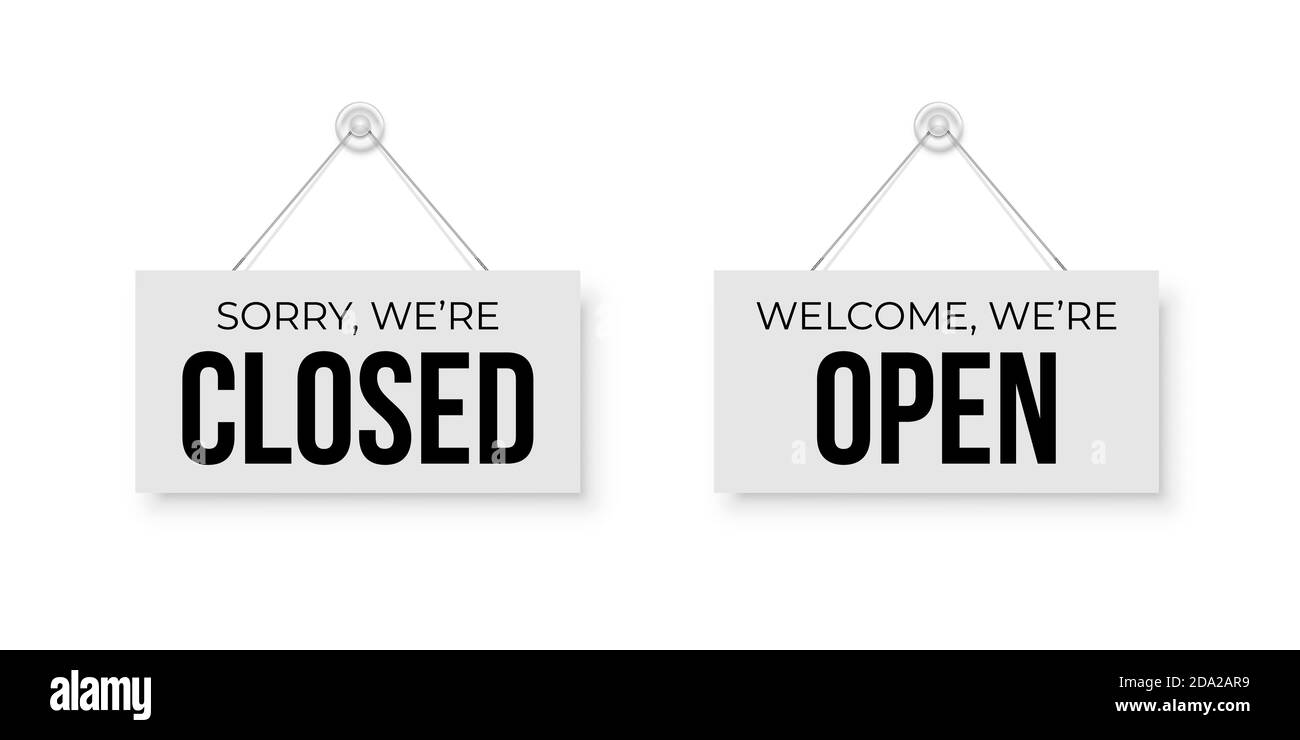 Panneaux blancs ouverts et fermés pendus sur la ventouse. Presse-papiers de forme rectangulaire pour la vente au détail, la boutique, le magasin, le café, le bar, le restaurant. Annonce Illustration de Vecteur