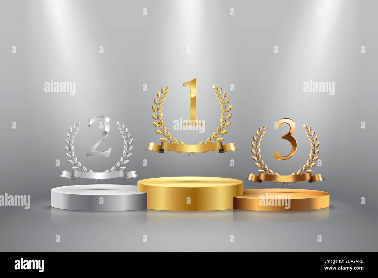 Arrière-plan du gagnant avec des couronnes de Laurier d'or, d'argent et de bronze avec rubans et première, deuxième et troisième place des affiches sur le piédestal rond isolé sur Illustration de Vecteur