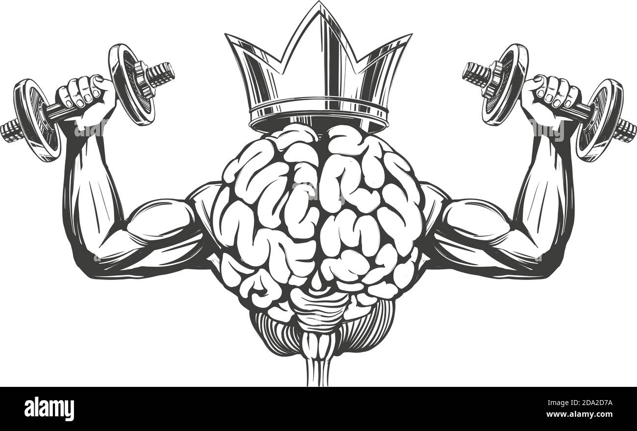 cerveau et couronne avec des mains fortes, entraînement du cerveau, dessin animé d'icône dessin à la main dessin vectoriel d'illustration Illustration de Vecteur