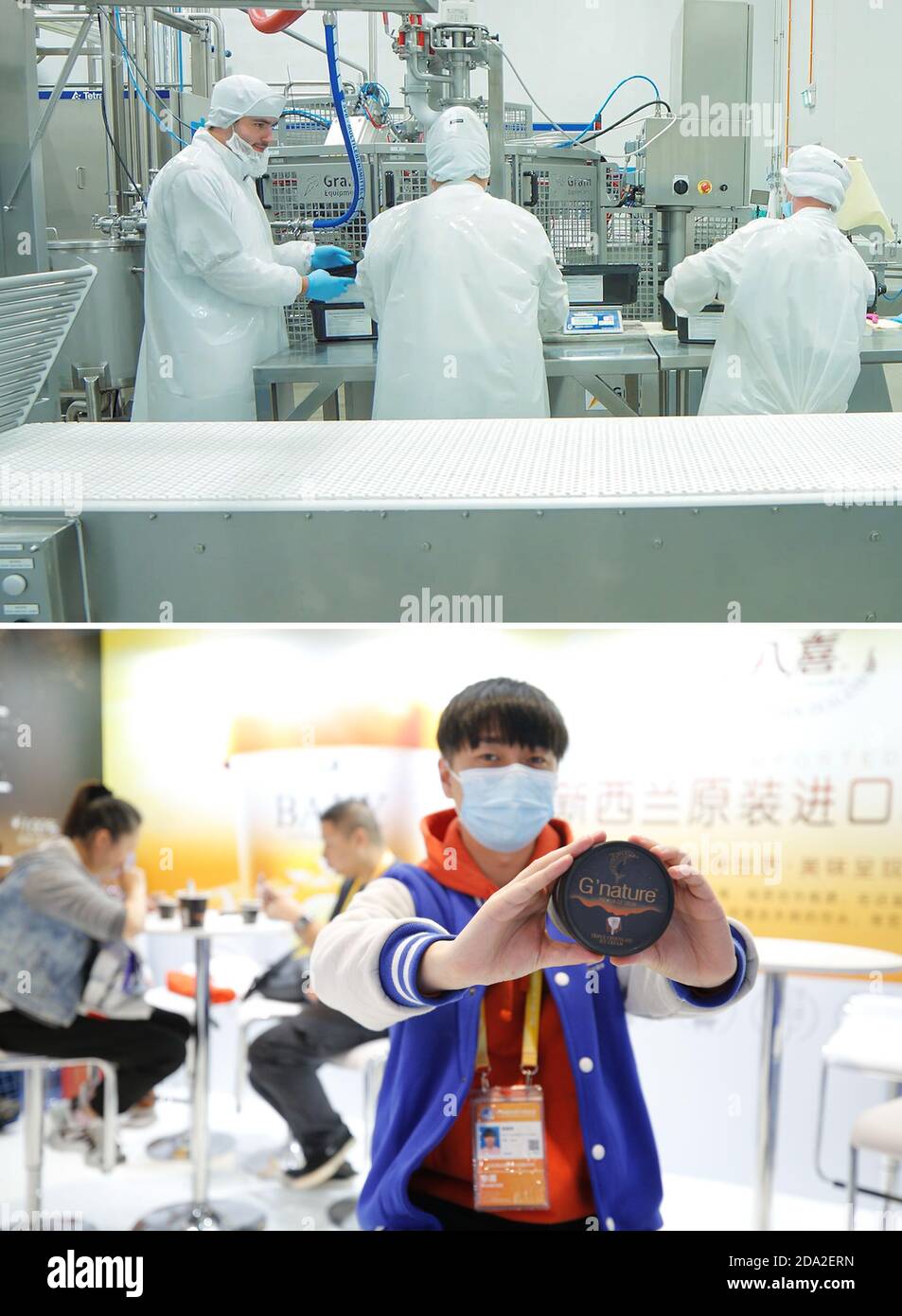 Shanghai. 9 novembre 2020. La photo combinée montre les membres du personnel travaillant à la ligne de production de glace de l'Allied Faxi New Zealand Food Co. Ltd. À Kerepehi, en Nouvelle-Zélande(top); Et un membre du personnel montrant une glace au stand de G'nature lors de la troisième China International Import Expo (CIIE) à Shanghai, en Chine orientale, le 7 novembre 2020 (prise par Zhang Yuwei). La plate-forme de coopération ouverte créée par le CIIE a attiré de nouveaux participants et fréquenteurs du monde entier pour participer à l'événement en cours. Credit: Xinhua/Alay Live News Banque D'Images