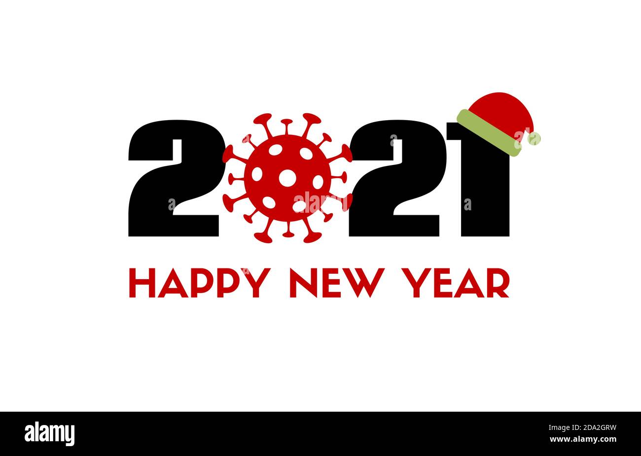 Bonne année 2021. Carte de vœux vectorielle avec icône de coronavirus et chapeau de père noël. Vacances de quarantaine Covid-19 Illustration de Vecteur