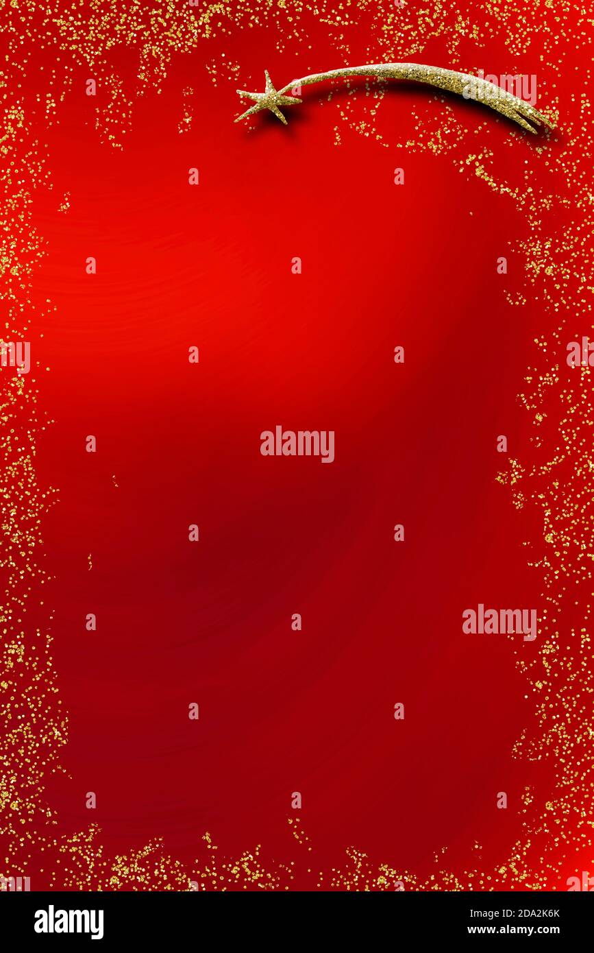 Carte de voeux verticale de Noël à motif Nativité, étoile de Bethléem en paillettes dorées sur fond de papier rouge vierge avec cadre à paillettes. Banque D'Images