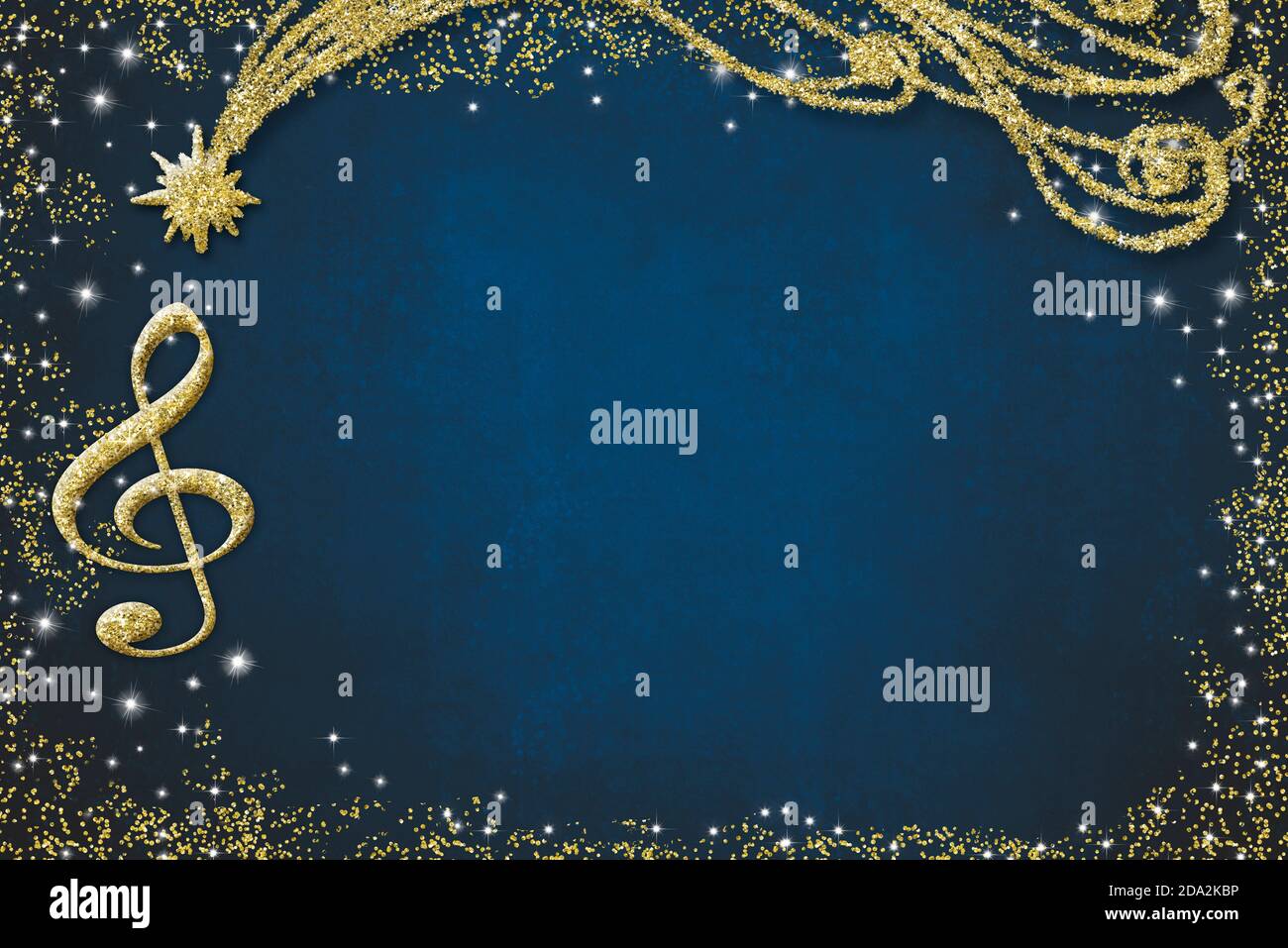 Carte musicale de Noël.Treble Clef et Bethlehem Star pailletée de texture or sur fond bleu avec espace de copie Banque D'Images