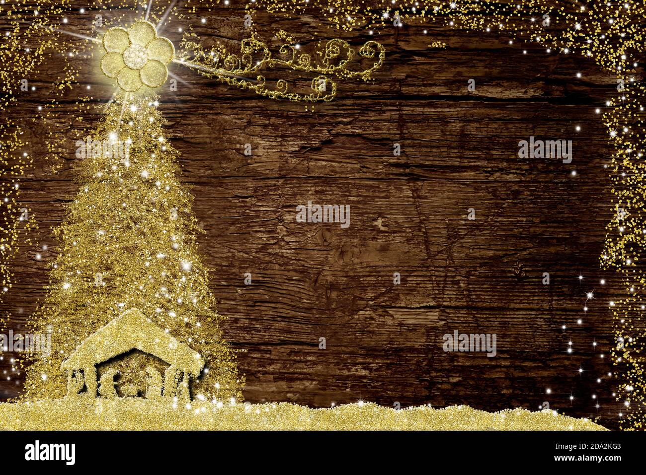 Noël Nativité scène et arbre, cartes de voeux religieuses. Dessin abstrait à main levée de la scène Nativité et de l'arbre de Noël avec paillettes dorées sur l'ancien Banque D'Images