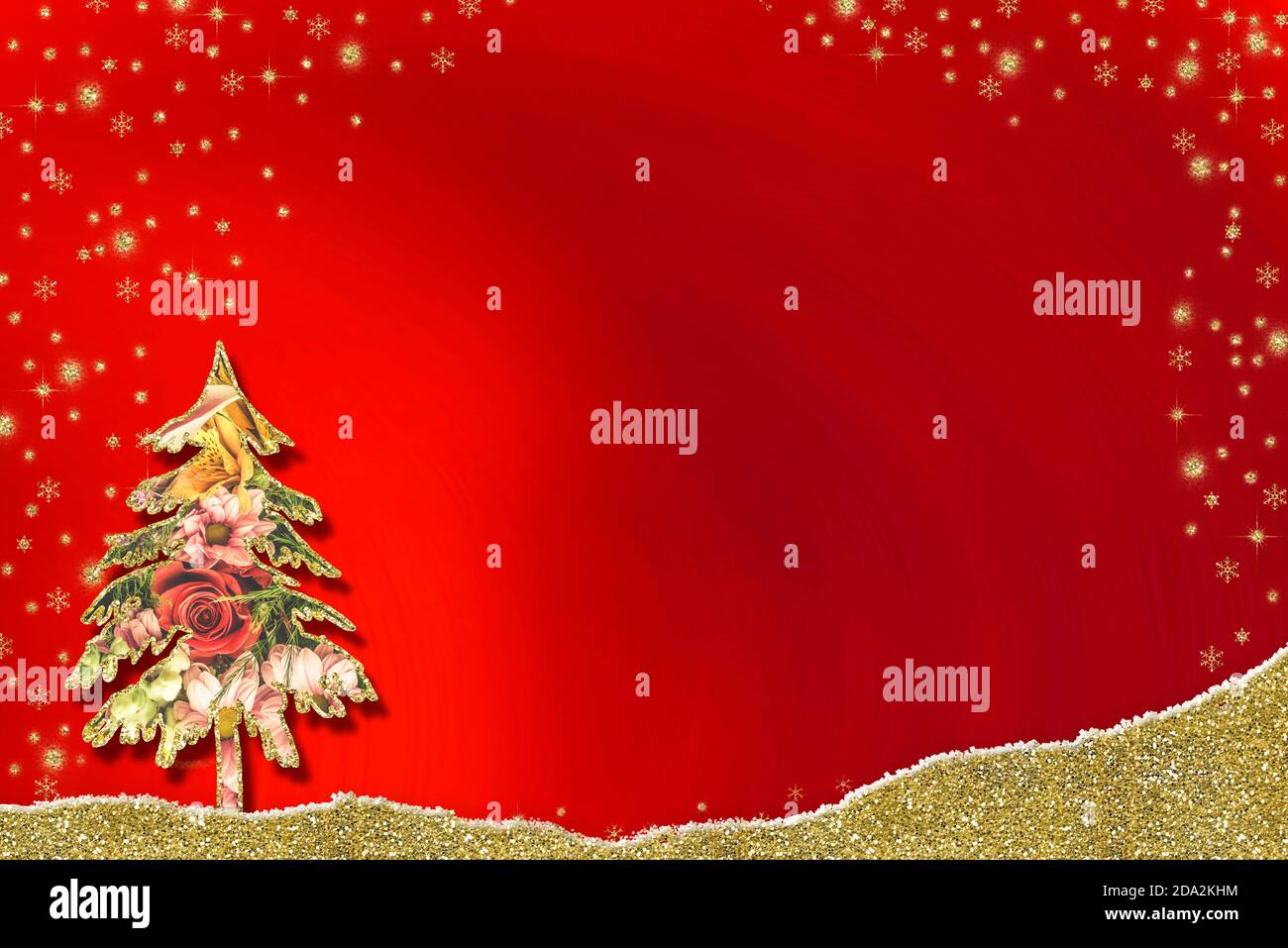 Cartes de voeux de Noël, abstrait coupe à main levée fleurs sapin, arrière-plan en papier rouge avec espace de copie . Banque D'Images