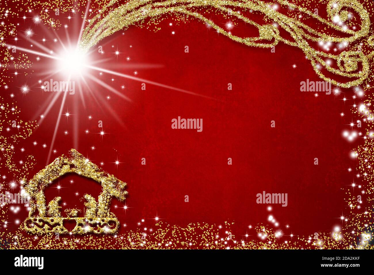 Arrière-plan de salutation religieuse de Noël. Dessin abstrait à main levée de la scène Nativité avec paillettes dorées, fond rouge grunge avec espace de copie. Banque D'Images